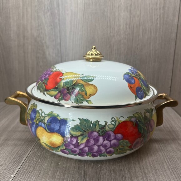 Cornucopia Enamel On Steel 3 Quart Covered Casserole Fruit Pattern Brass Handle - Picture 2 of 13